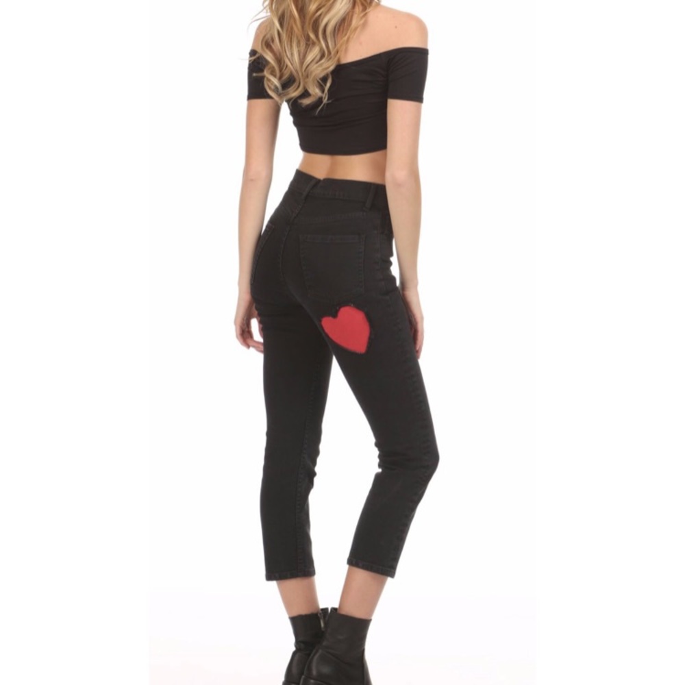 Device denim black jeans with red heart